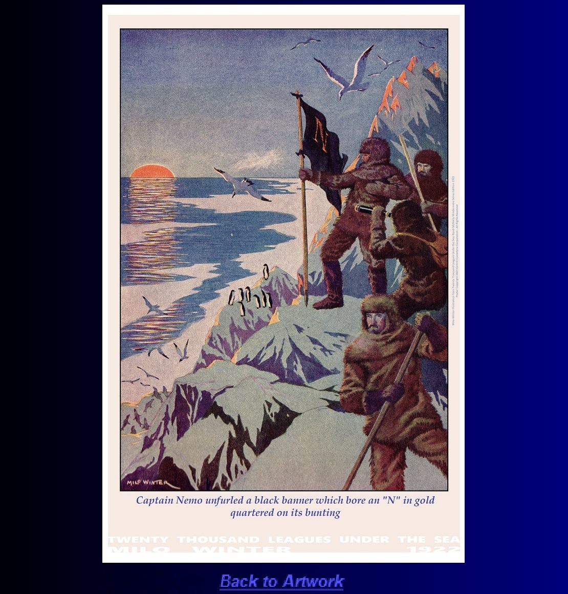 Portrait poster: Captain Nemo unfurled a black banner which bore an N by Milo Winter